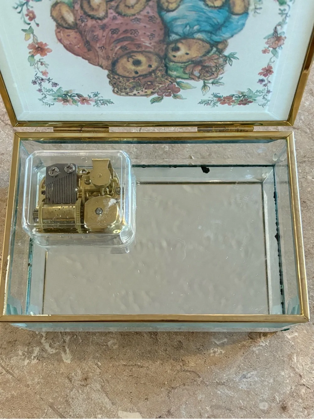 Vintage Teddy Bear Musical Jewelry Box Glass Brass Tone Beveled Trinket Box